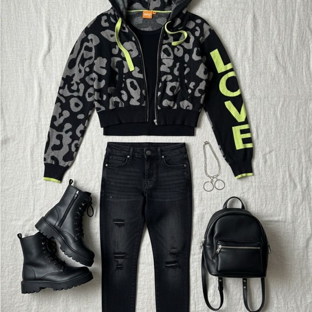 🐆 WISPR Neon Green & Black Leopard Cropped Knit Hoodie |